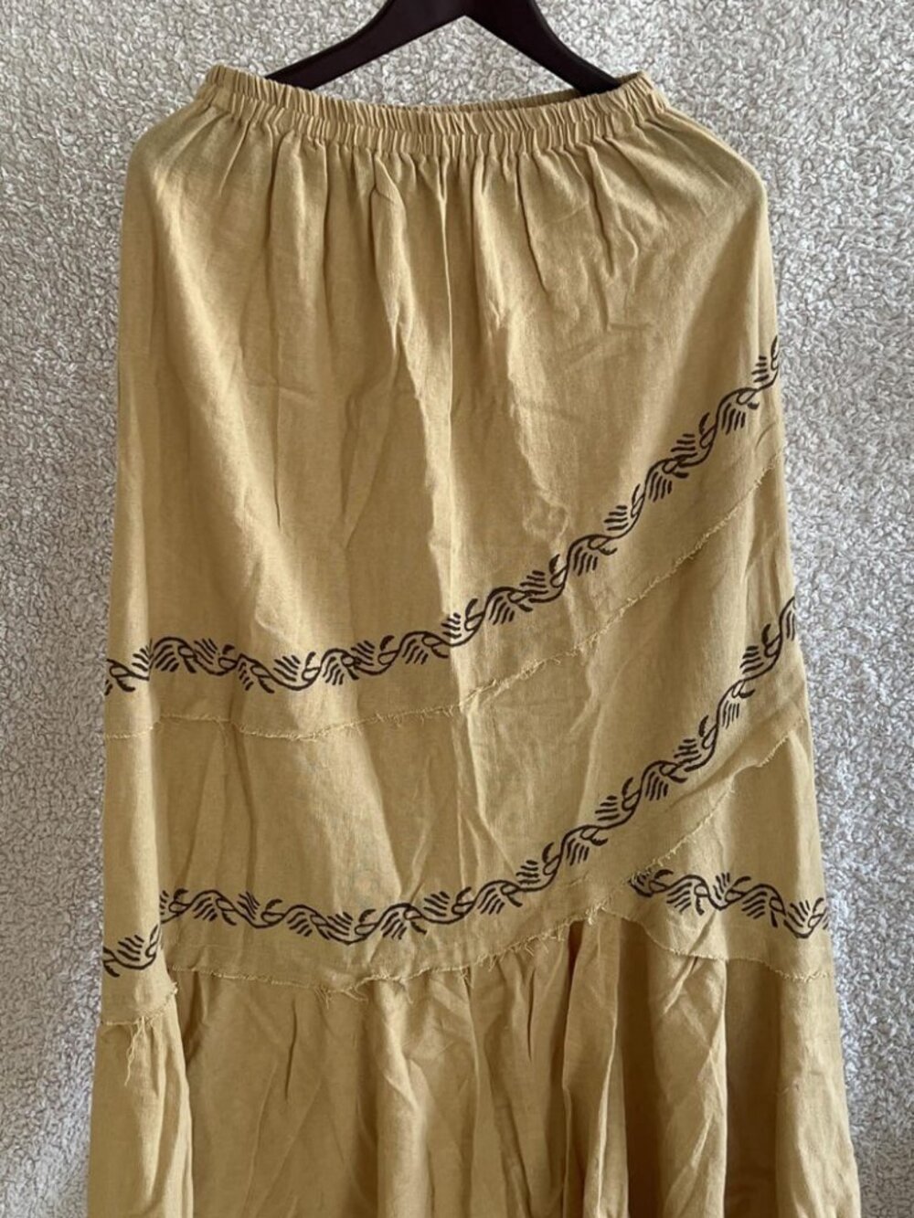 Thearah Beige Organic Cotton Hand Printed Maxi Skirt, Wave Border